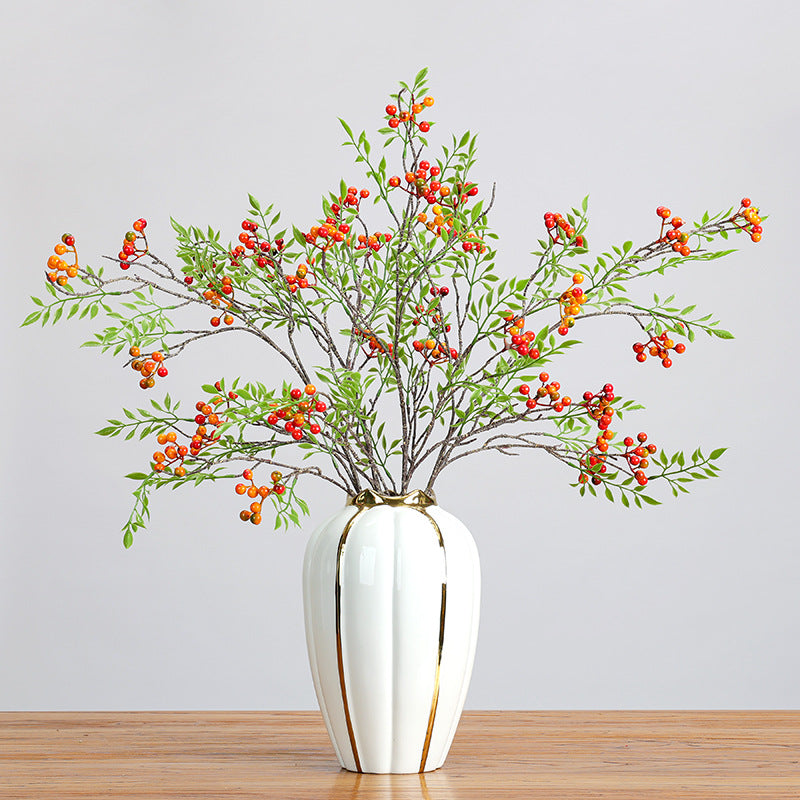 Artificial Coralberry Branch, Single Stem with 14 Leaves & 9 Berries, 39" Tall, Realistic Faux Greenery for Home Decor, Wedding Centerpieces, Floral Arrangements