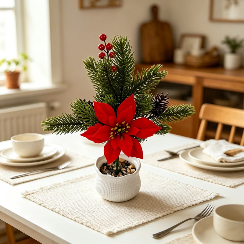 Set of 2 Artificial Poinsettia Stems, 14" Christmas Floral Arrangement, Silk-Like Faux Flowers for Holiday Decor