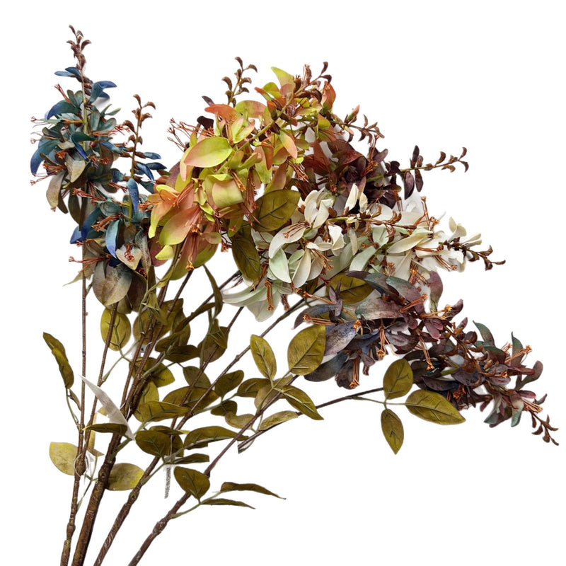 Single Stem Artificial Erythrina Flower with Eucalyptus Leaves and Coral Leaves, 33" Tall, Faux Silk, Indoor or Outdoor Use