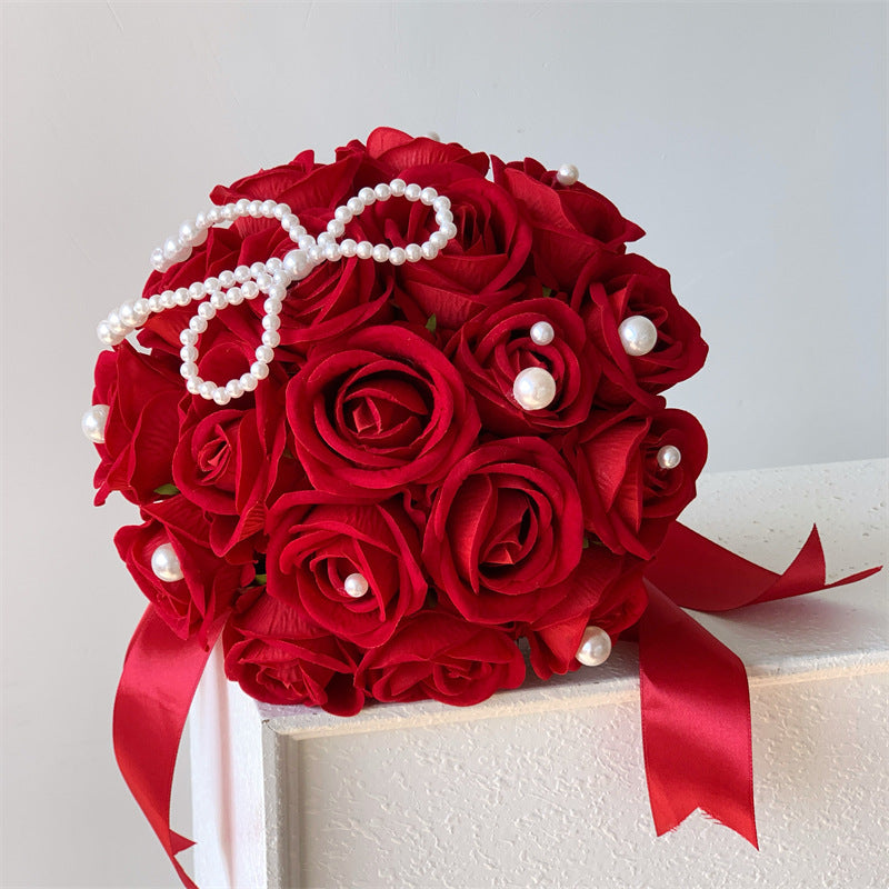 Artificial Silk Rose Bridal Bouquet, 18-Bloom Wedding Bouquet in Cream White, 12" Height for Bridesmaids & Centerpieces