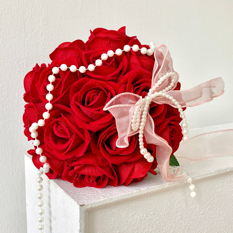 Artificial Silk Rose Bridal Bouquet, 18-Bloom Wedding Bouquet in Cream White, 12" Height for Bridesmaids & Centerpieces