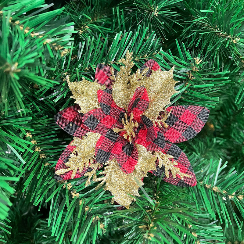 Christmas Poinsettia Floral Pick, 5.5" Red/Silver Artificial Flower Head for Holiday Decor, DIY Wreaths & Centerpieces