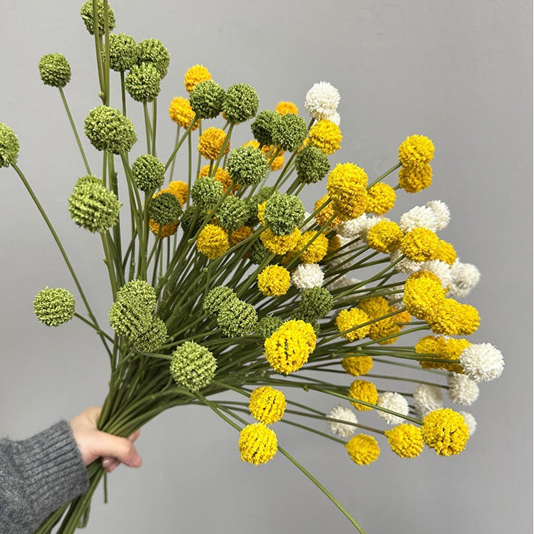 Artificial Craspedia Billy Balls Bush, 4 Yellow Globe Blooms, Faux Plastic Floral Stem for Vases, Home Decor & Weddings
