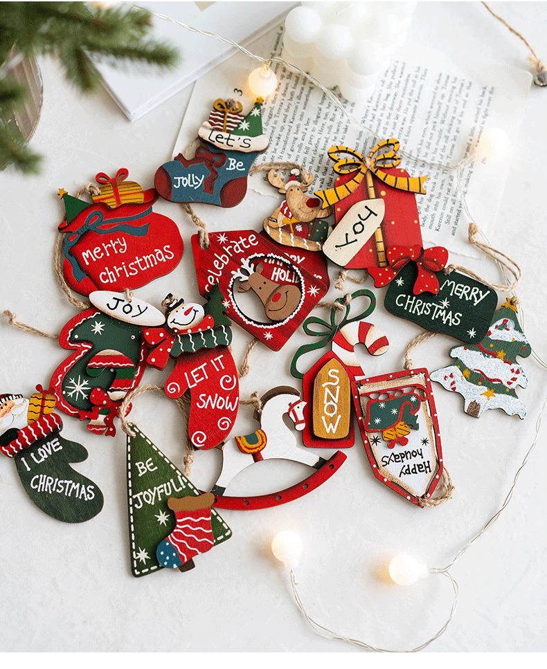 Lot de 14 décorations de Noël à suspendre avec ficelle en bois pour décoration de fête du Nouvel An