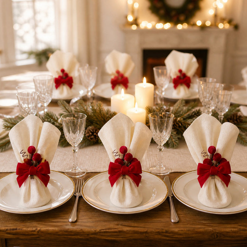 Set of 6 Velvet Napkin Rings, Christmas Holiday Table Decor, Bow Tie Napkin Holders for Holiday Parties & Dining