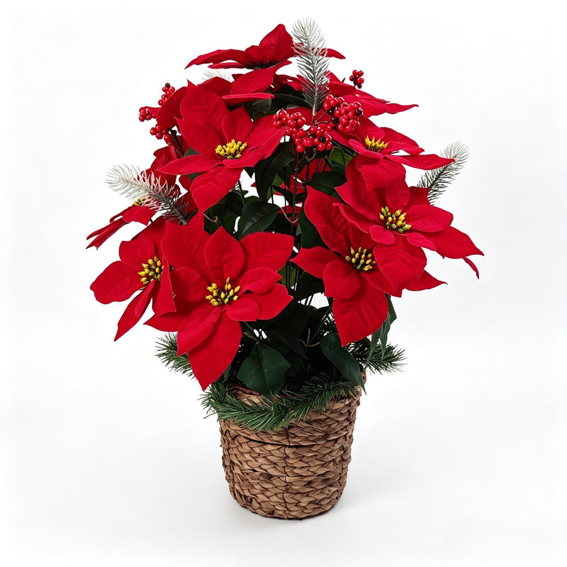 24-Bloom Artificial Poinsettia Bush, 23" Silk-like Floral Arrangement for Christmas, Weddings, Home & Office Decor
