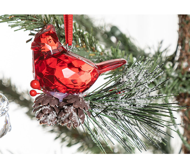 Bulk Christmas Ornaments Acrylic Transparent Bird Hanging Decoration with Pine Cones Pine Needles for Xmas Tree Decor Wholesale