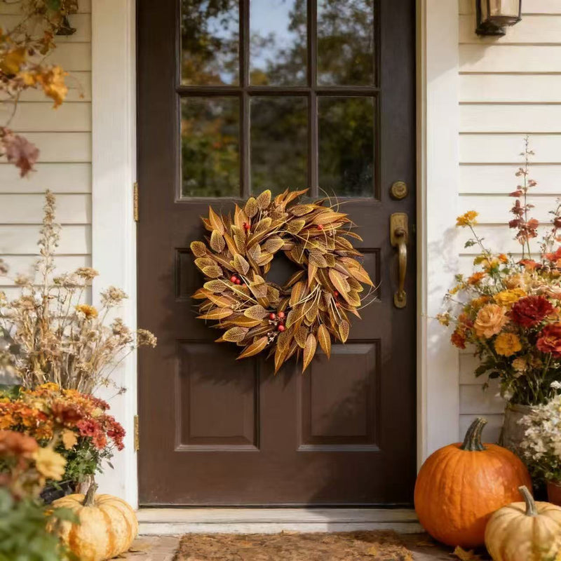 18" Autumn Eucalyptus Leaf Wreath with Berries, Fall Decor, Indoor Outdoor Door Hanging