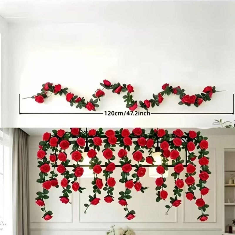 Artificial Rose Garland, 47" Long with 45 Blooms, Plastic Faux Flower Vine for Weddings, Home Decor, and Events