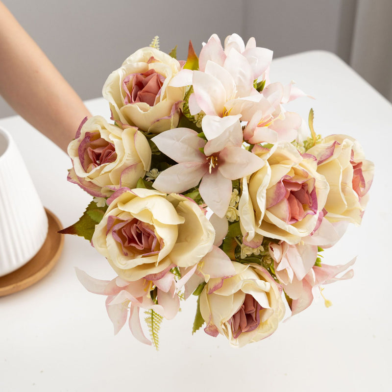 13" Realistic Silk Rose & Lily Bush, 9 Blooms, Wedding & Home Décor, Indoor/Outdoor Use