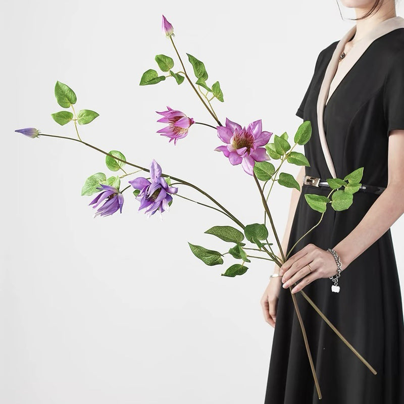 Artificial Clematis Single Stem Flower, 35" Long, 3 Blooms, Silk Material, Rustic & Luxe Theme, Perfect for Home Decor, Weddings, and Commercial Spaces