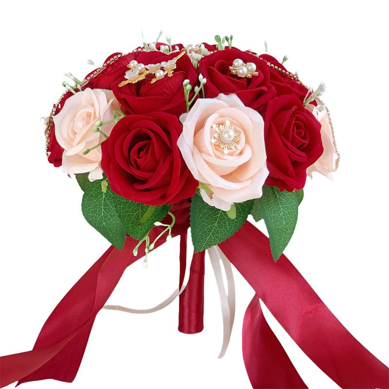 Artificial Silk Rose Bridal Bouquet, 18-Bloom Wedding Bouquet in Cream White, 12" Height for Bridesmaids & Centerpieces