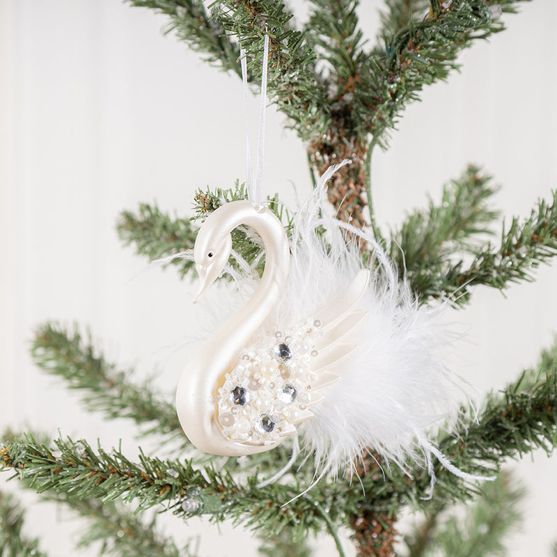Bulk Simulated Feather Swan with Diamond Christmas Hanging Ornaments Wholesale