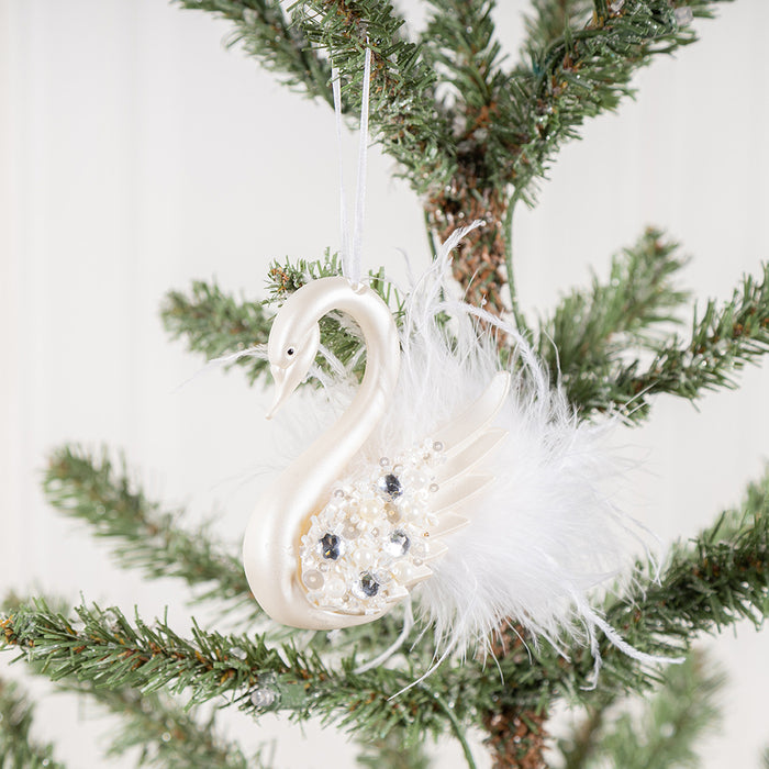 Bulk Christmas Ornaments Simulated Feather Swan with Diamond Decoration for Xmas Tree Decor Wholesale