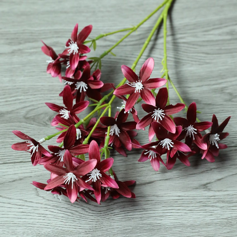 Artificial Star Orchid Bush, 3-Prong 6-Point Faux Silk Flower Stem, 22 in, for Wedding, Vase & Home Decor