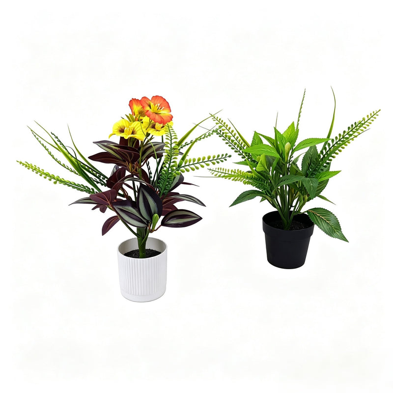 Artificial Wandering Jew Devil's Eye & Impatiens Bush, 11.5" Tall Realistic Fake Plants for Home Decor, Office, Wedding Centerpieces