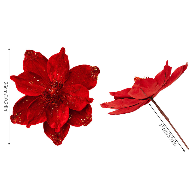 Gold Glitter Velvet Magnolia Artificial Flower Stem, Single Stem 1 Bloom, Christmas Tree Ornament, Holiday & Wedding Decor