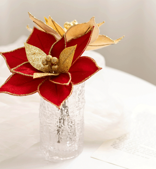 Bulk Christmas Glitter Golden Poinsettia Flowers Picks for Christmas Tree New Year Ornaments Wholesale