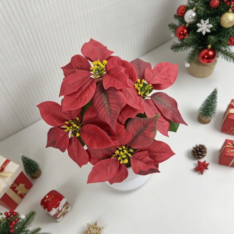 Artificial Poinsettia Bush with 5 Blooms, 20" Silk-Like Christmas Decor for Home, Weddings & Events