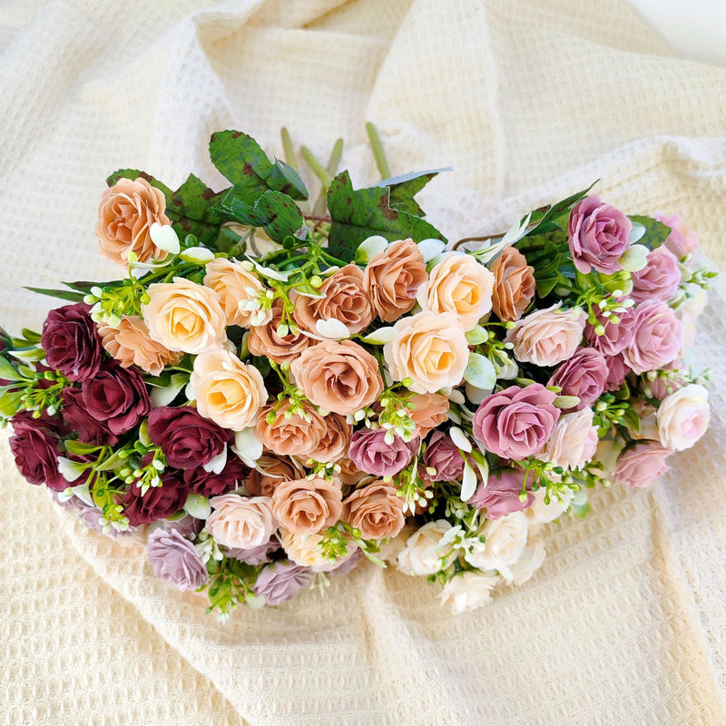Artificial Rose Bush with 15 Blooms, 12" Silk-like Faux Flowers for Weddings, Home Decor, and Table Centerpieces