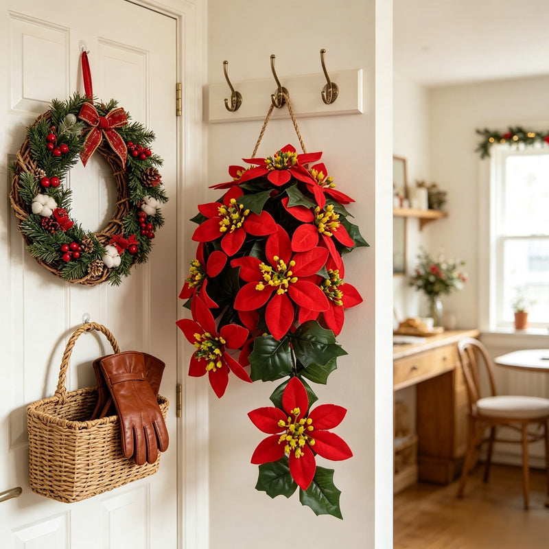 16" Artificial Poinsettia Garland with 11 Blooms, Bendable Wire Stem Christmas Holiday Decor for Walls, Doors and Banisters