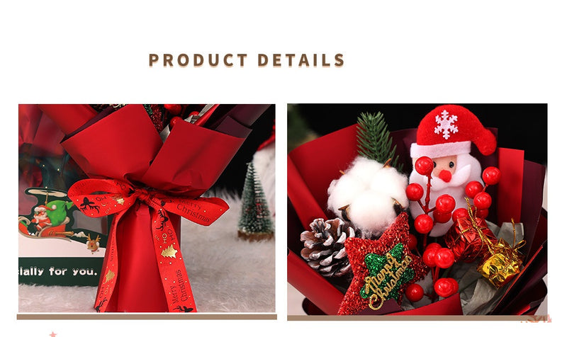 Bouquet de fleurs artificielles de Noël en vrac de 11 pouces avec poupée de Père Noël à baies rouges et étoile scintillante pour cadeaux de petite amie en gros