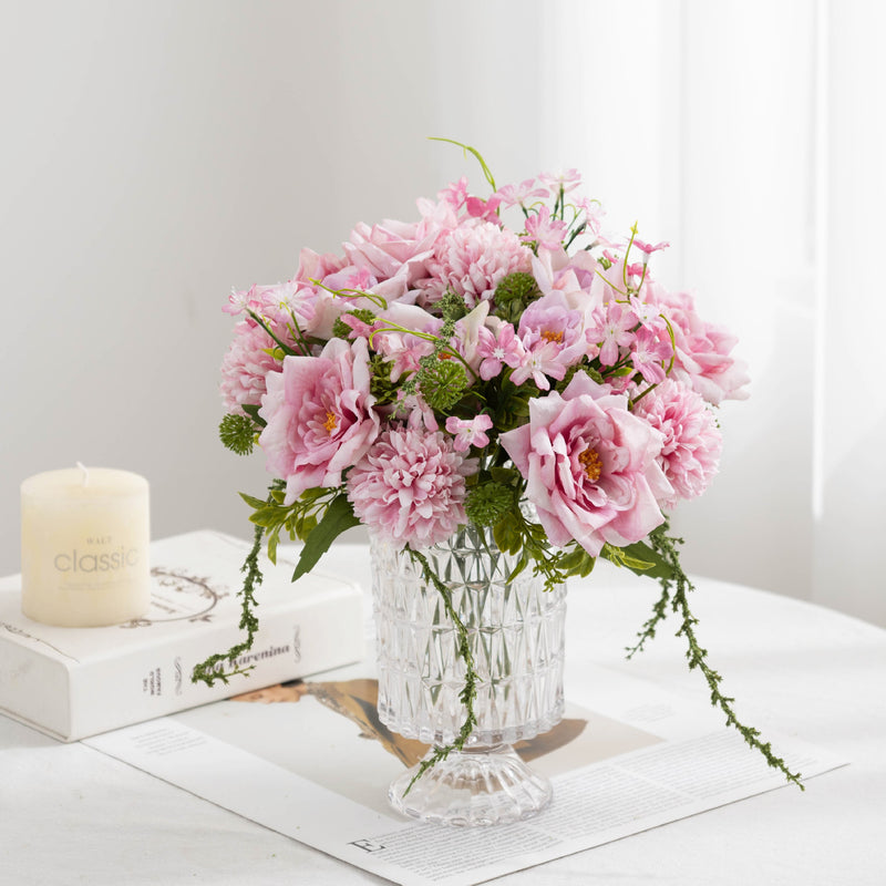 11" Artificial Rose & Chrysanthemum Bush, Realistic Fake Flower Arrangement with 5 Blooms - Wedding Centerpiece, Home Decor, Tabletop Display