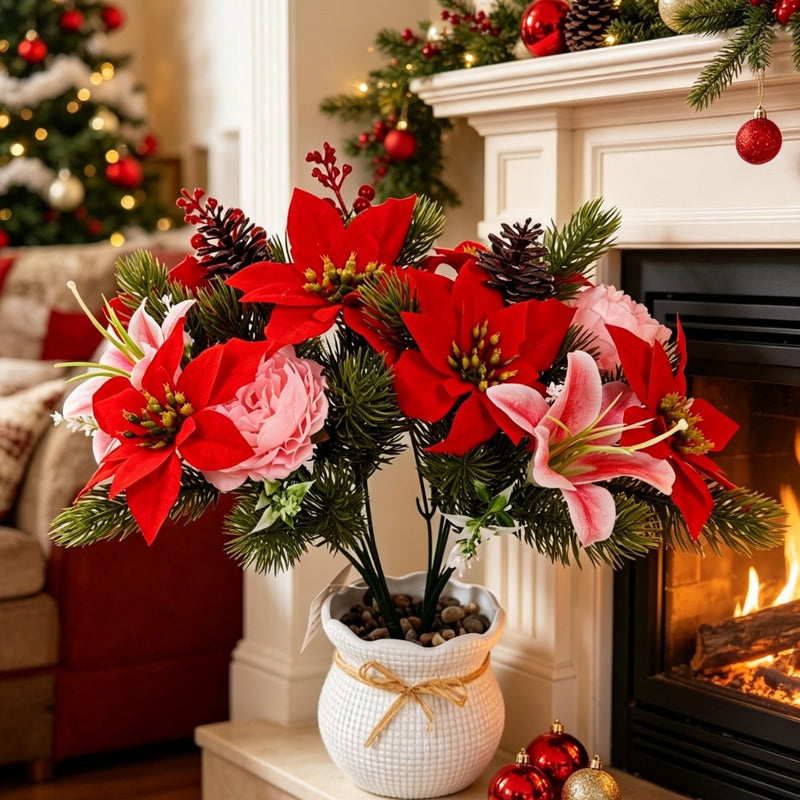 12" Artificial Poinsettia Bush, Lifelike Christmas Decor for Home, Weddings & Commercial Displays