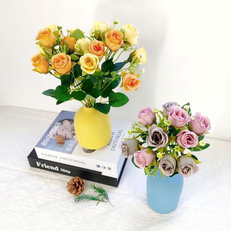 Modern Artificial Rose Bush with 10 Blooms, 12" Tall Plastic Faux Flowers for Home Decor, Weddings & Events