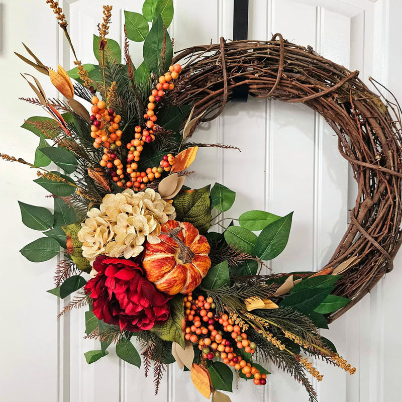 Autumn Harvest Floral Wreath, 16" Rustic Pumpkin & Hydrangea Wall Decor, Farmhouse Style Door Hanging for Fall Home, Wedding, Coffee Shop