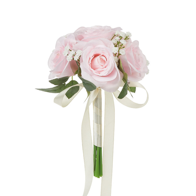 Rustic Rose and Baby’s Breath Bouquet, 11-Inch Silk-Like Fabric Wedding Handheld Flower Bouquet