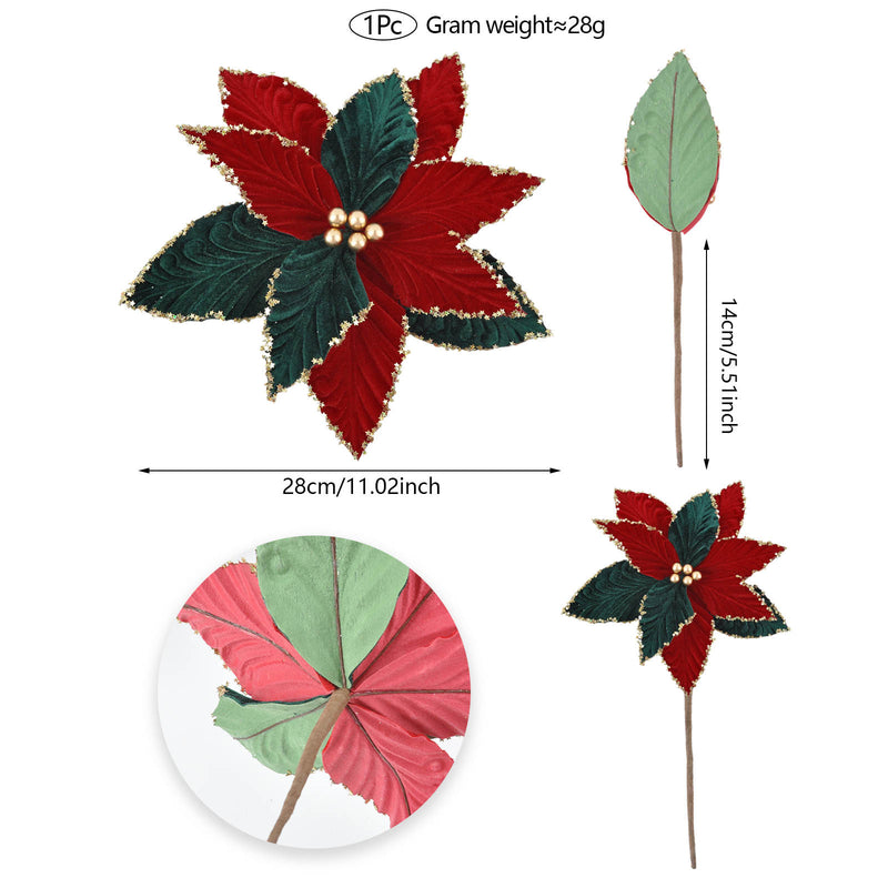Artificial Poinsettia Christmas Flower, Single Stem with 11" Silk-Like Blooms, Holiday Decor for Home & Events
