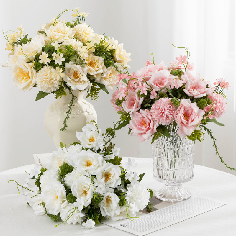 11" Artificial Rose & Chrysanthemum Bush, Realistic Fake Flower Arrangement with 5 Blooms - Wedding Centerpiece, Home Decor, Tabletop Display