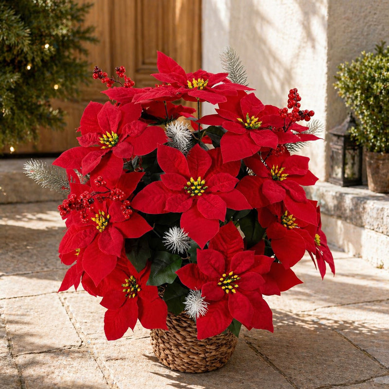 Artificial Poinsettia Bush with 36 Blooms, 14" Christmas Silk Floral Arrangement for Holiday Decor, Weddings & Events