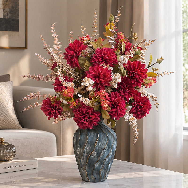 Artificial Dahlia Bouquet, 3 Faux Silk Blooms, Autumn Burnt-Edge Fall Flowers for Home, Wedding & Seasonal Decor