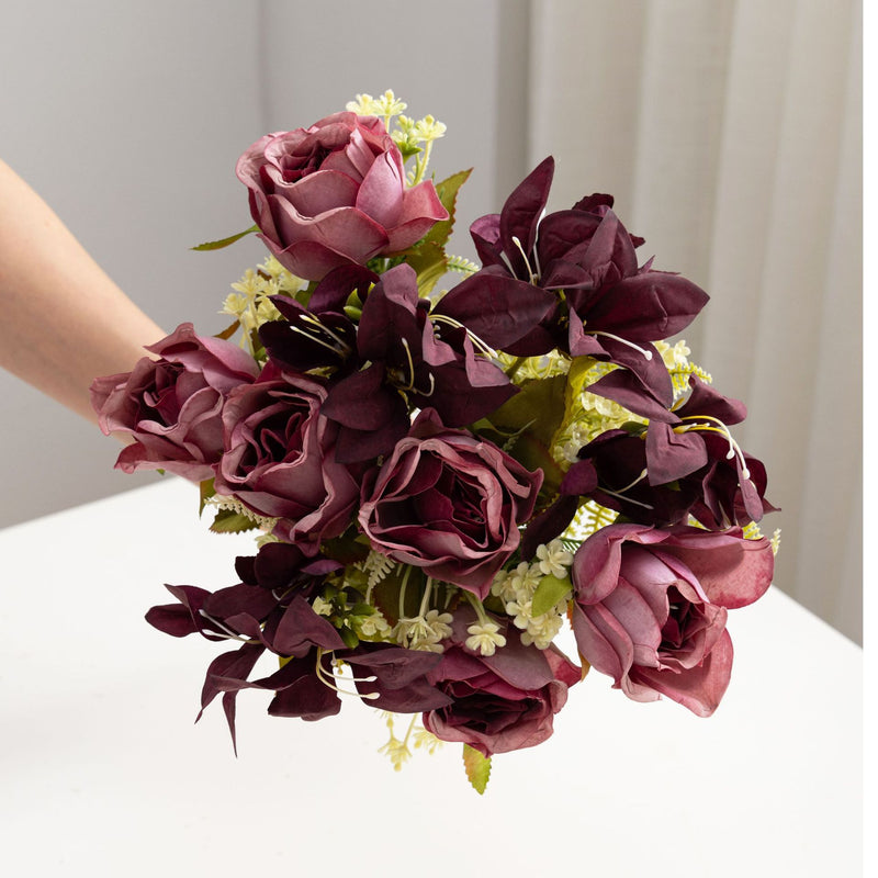 13" Realistic Silk Rose & Lily Bush, 9 Blooms, Wedding & Home Décor, Indoor/Outdoor Use