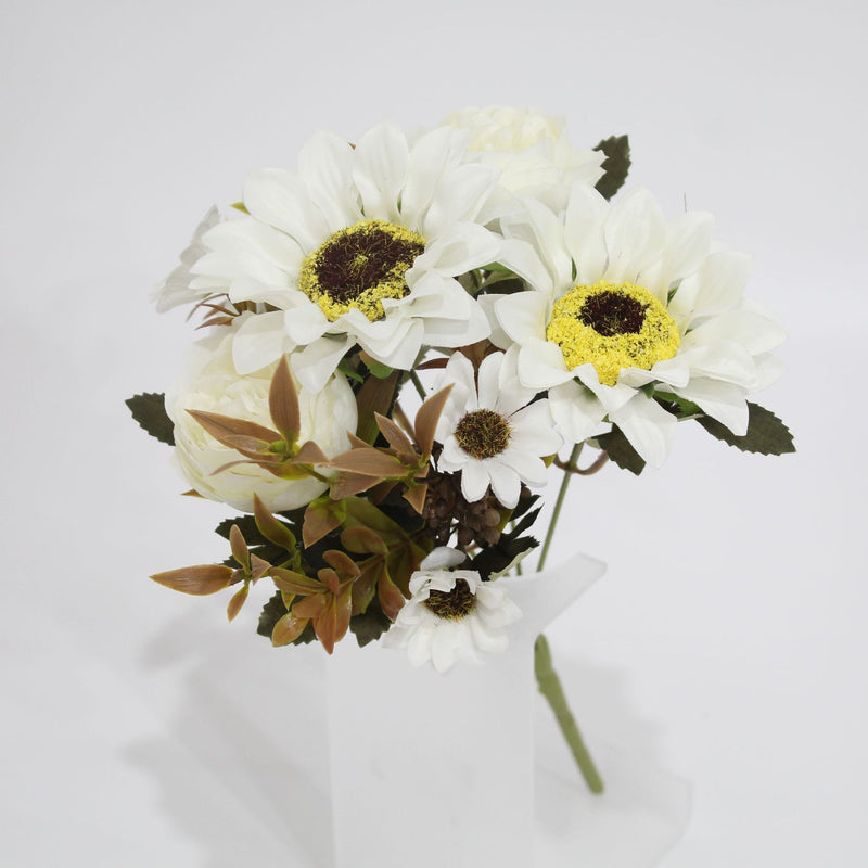 13" Artificial Peony, Daisy & Sunflower Bush with 8 Blooms, Plastic Faux Flowers for Home, Wedding, Outdoor Decor