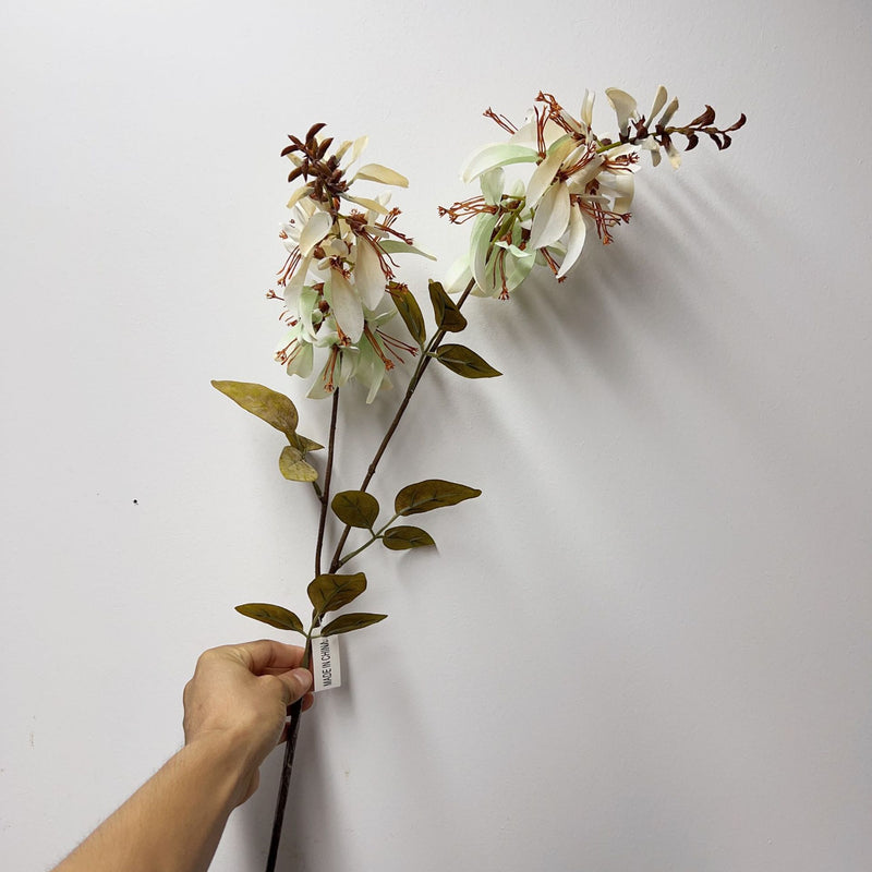 Single Stem Artificial Erythrina Flower with Eucalyptus Leaves and Coral Leaves, 33" Tall, Faux Silk, Indoor or Outdoor Use
