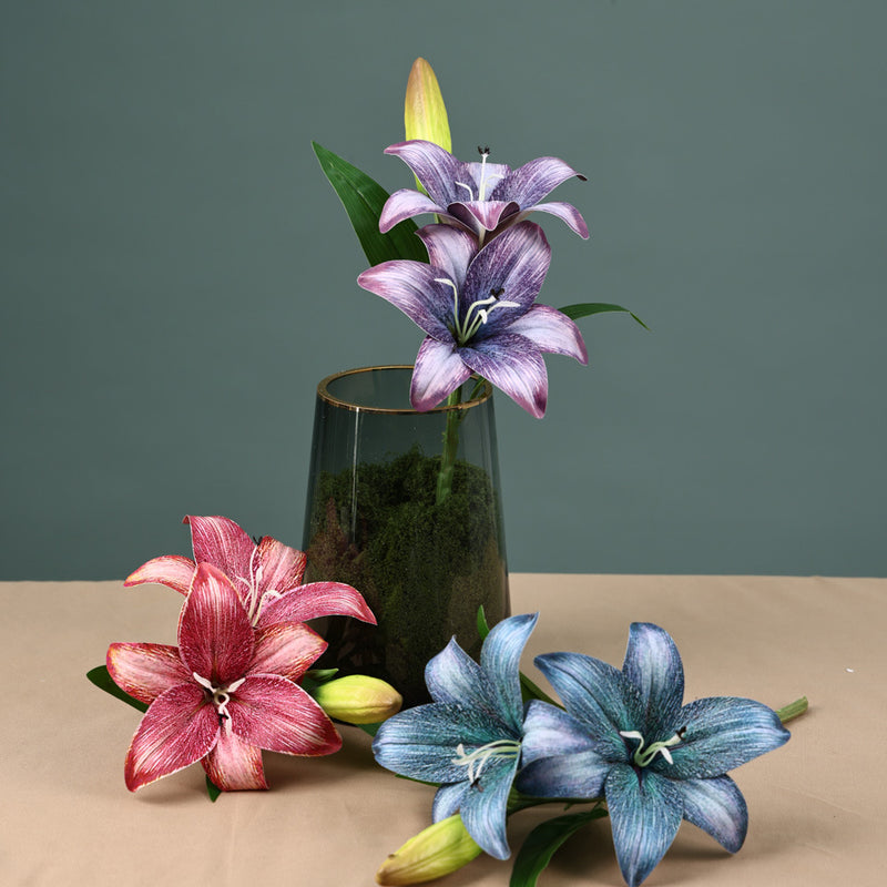 16" Single Stem Lily with 3 Blooms, Artificial Flower for Weddings, Home Decor, and Events