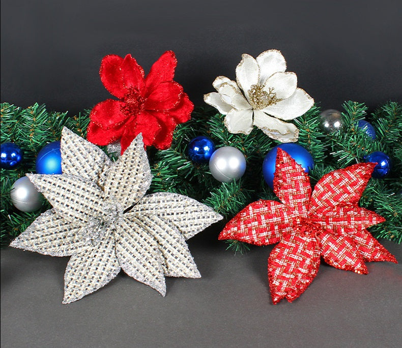 Bulk Glitter Poinsettias Artificial Christmas Flowers Arrangement Decorations for Xmas Tree Garland Rattan Accessories Wholesale