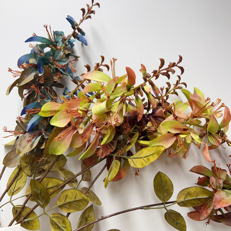 Single Stem Artificial Erythrina Flower with Eucalyptus Leaves and Coral Leaves, 33" Tall, Faux Silk, Indoor or Outdoor Use
