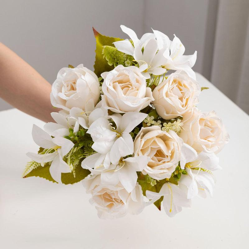 13" Realistic Silk Rose & Lily Bush, 9 Blooms, Wedding & Home Décor, Indoor/Outdoor Use