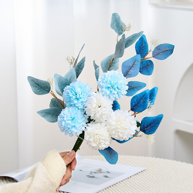 18" Artificial Chrysanthemum and Eucalyptus Bush, 6 Blooms, Realistic Floral Arrangement for Home Decor, Weddings, Events