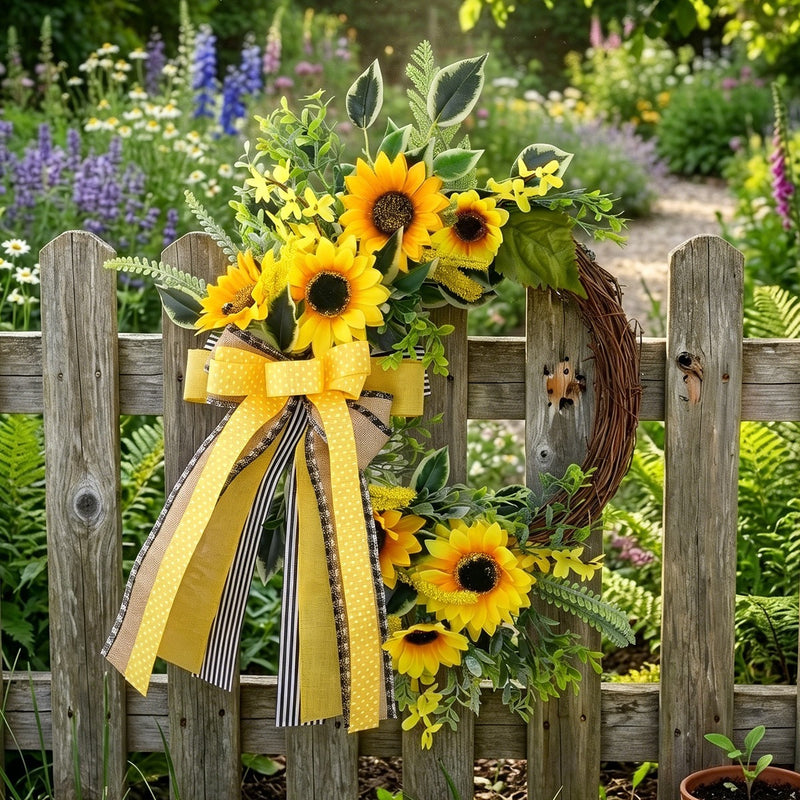 Sunflower Half Wreath with Bee Accents, 18" Autumn Floral Garland, Door Decoration