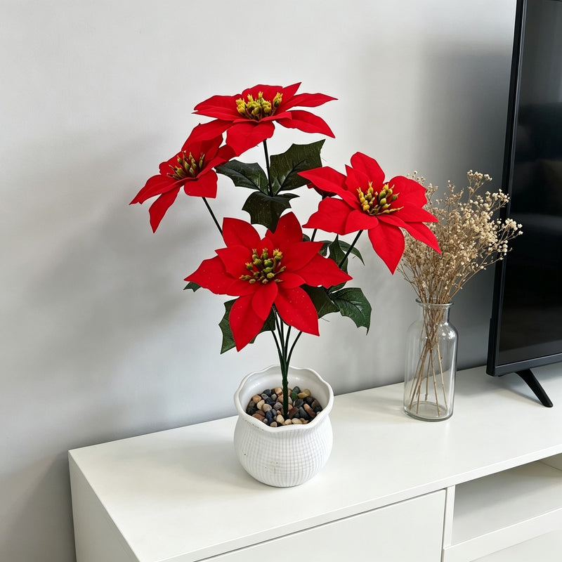 15" Artificial Poinsettia Bush with 5 Blooms, Bendable Stems for Christmas, Weddings & Home Decor