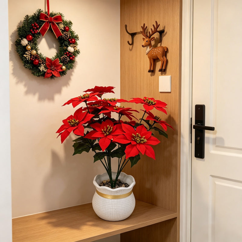 15" Artificial Poinsettia Bush with 5 Blooms, Bendable Stems for Christmas, Weddings & Home Decor