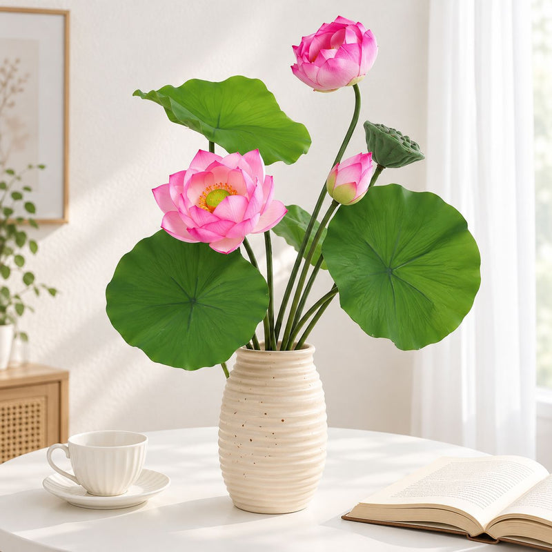 Artificial Lotus Flower Bush with 3 Blooms, Lotus Leaves & Seed Pod, PU Faux Lotus for Tea Room, Wedding, Home Decor
