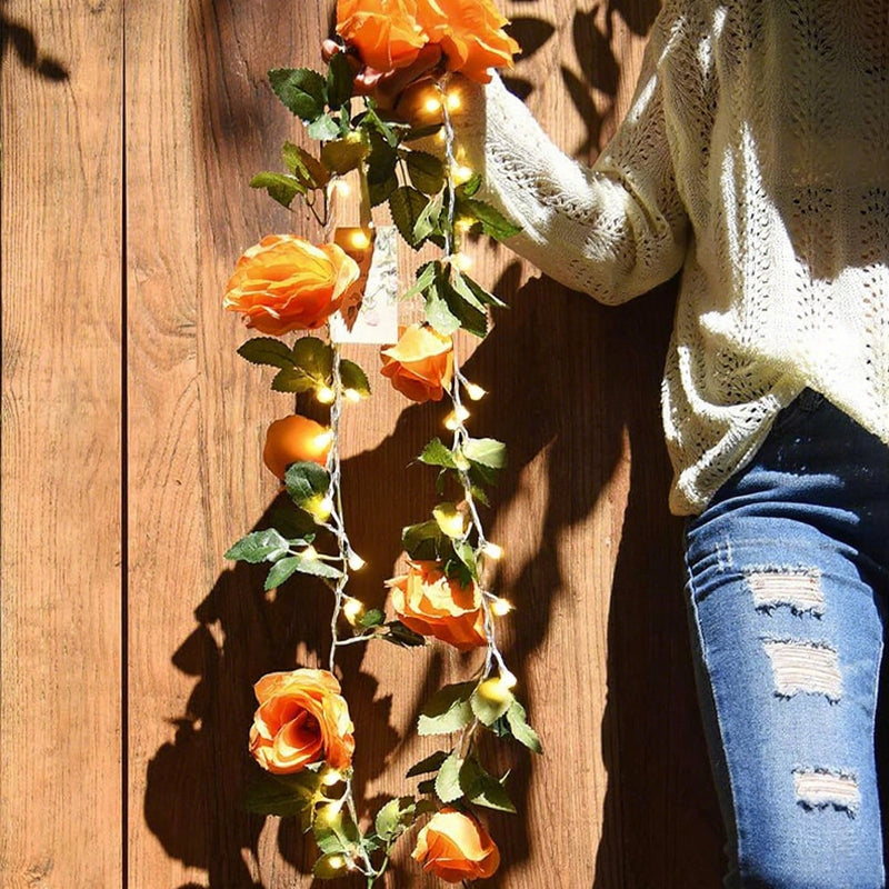 Orange Rose Garland Vine with Lights, Set of 2 Faux Silk Trailing Vines, Halloween, Fall & Wedding Decor