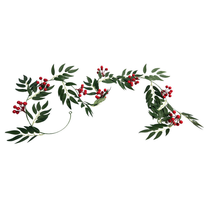 Artificial Willow Leaf Vine Garland with Red Berries, Set of 2 Trailing Vines, 79" Long, Christmas & Holiday Door Hanging Decor