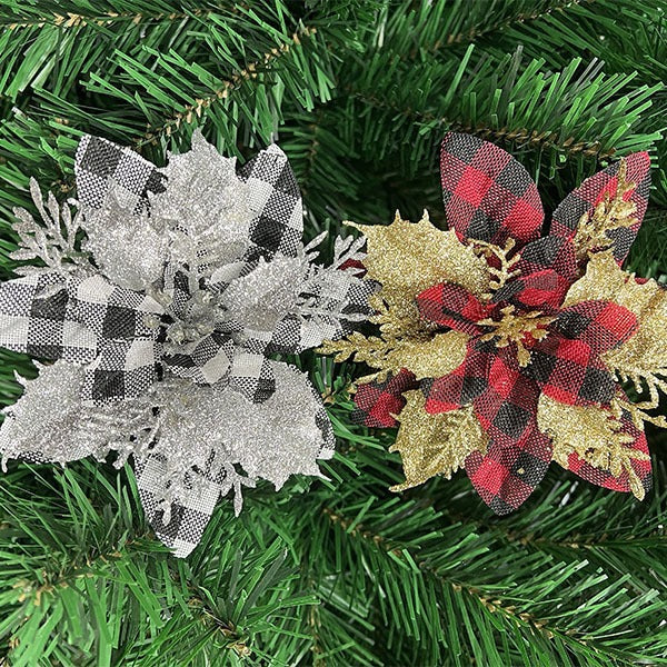 Christmas Poinsettia Floral Pick, 5.5" Red/Silver Artificial Flower Head for Holiday Decor, DIY Wreaths & Centerpieces
